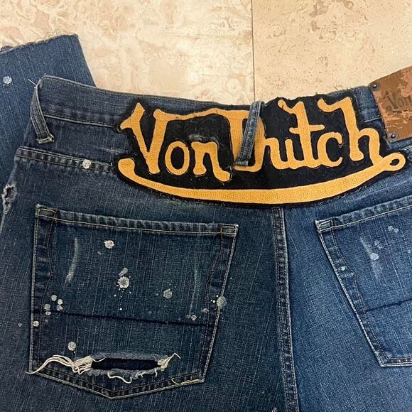 VINTAGE VON DUTCH Distressed Paint Splatter Lightwash Denim Jeans Y2K Sz 36 - Picture 2 of 8